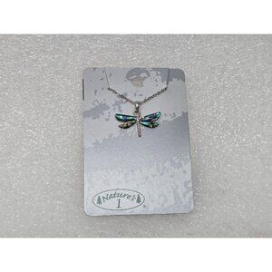 Nature’s 1 Dragonfly Necklace Abalone Shell Inlay Silver Tone Pendant